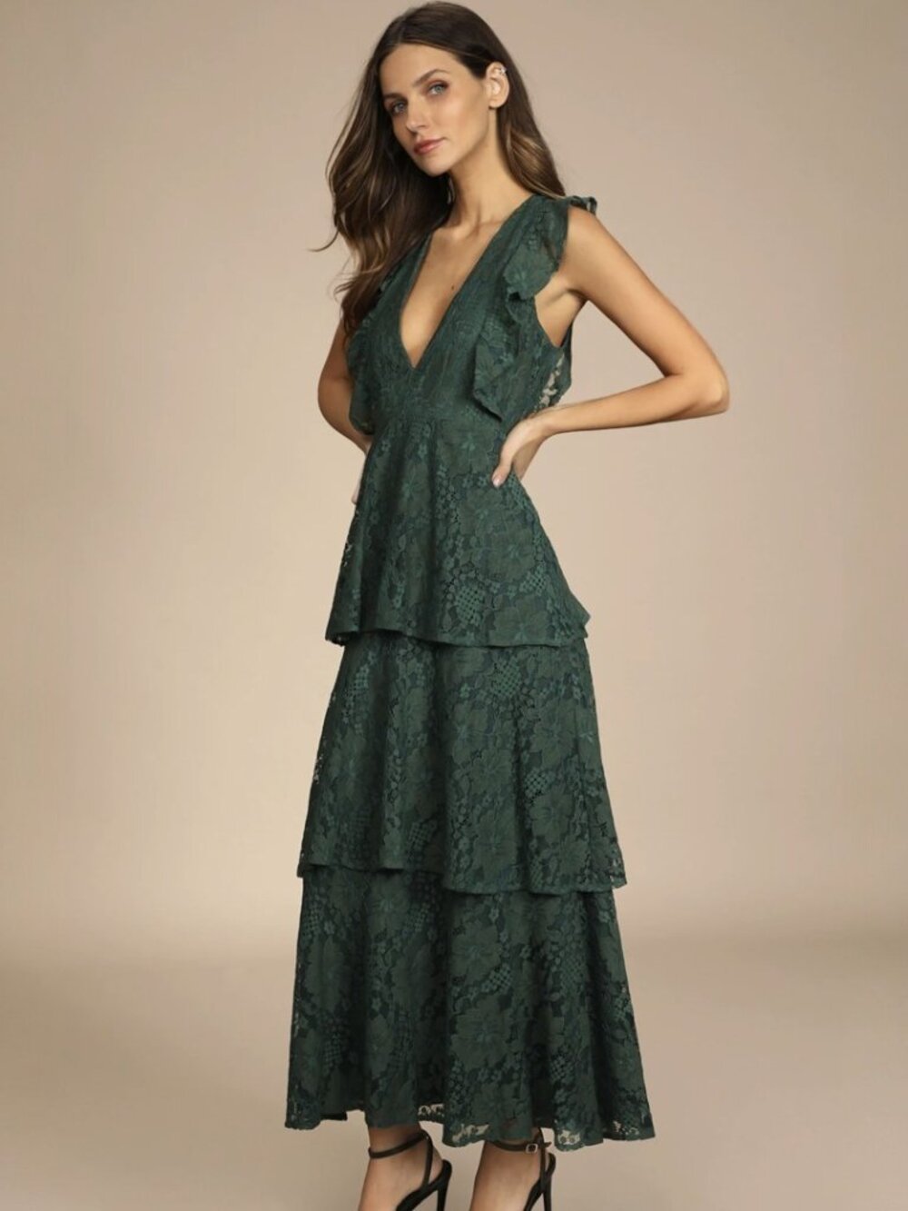 Lulus Molinetto Forest Green Lace Ruffled Tiered Sleeveless Maxi Dress NWT - Picture 3 of 10